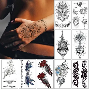 милая маленькая татуировка на руке, аниме, волк, олень, компас, Солнце, Луна, планета, временные татуировки, водонепроницаемый боди-арт, поддельная татуировка хной для женщин и детей