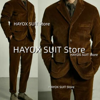 Мужской костюм из 2 предметов, вельветовый пиджак с лацканами и двумя пуговицами, повседневные брюки для выпускного вечера, комплект блейзеров