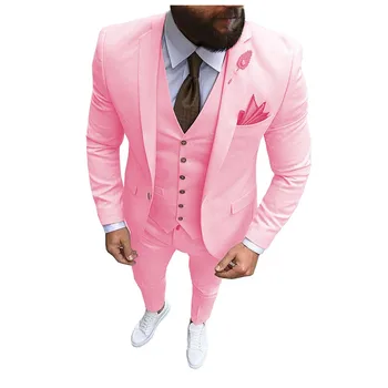 Новый Розовый Мужской костюм из 3 предметов, Официальный Деловой Смокинг с вырезами на лацканах, Приталенный Блейзер для Шафера на Свадьбу (Блейзер + жилет + Брюки)