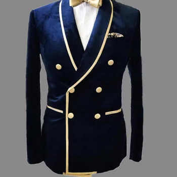 Повседневные мужские костюмы из темно-синего бархата из 2 частей с двубортным приталенным золотым свадебным Смокингом, Мужская Модная одежда для Жениха 2023