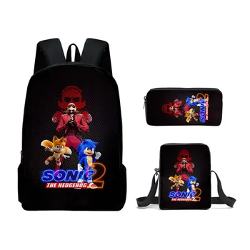 Набор школьных сумок из трех предметов 3D Sonic The Hedgehog 2 Movie, Рюкзак Через плечо, Пенал, Рюкзак на молнии, Спортивная сумка на открытом воздухе