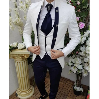 Белые жаккардовые мужские костюмы с воротником-стойкой, приталенный Деловой свадебный смокинг для жениха, модный блейзер (куртка + брюки + жилет)