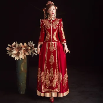 Изысканный Бисер, Блестки, Вышивка, Китайский Традиционный Свадебный Костюм Для Пары Чонсам, Элегантное Свадебное Платье Невесты китайская одежда
