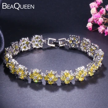 BeaQueen, красивый желтый цветок, соединенный с кубическим цирконом, теннисный браслет, Серебряный цвет, Свадебные украшения для женщин B134