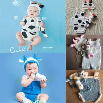 3 шт 2021 Новогодний Реквизит для фотосъемки новорожденных, Костюм, Милые наряды из коровьей шерсти, Вязаная шапочка, Комбинезон, Аксессуары для кукол
