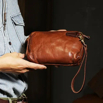 Высококачественная мужская сумка-клатч из натуральной кожи, деловая повседневная простая винтажная сумка ручной работы из натуральной воловьей кожи для подростков, кошелек для телефона