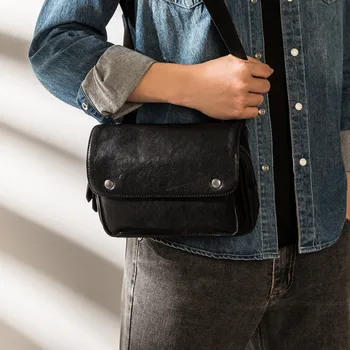 Простая повседневная дизайнерская мужская черная сумка-мессенджер из натуральной кожи, летняя молодежная повседневная уличная сумка через плечо из натуральной воловьей кожи
