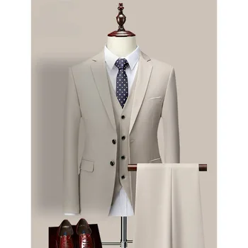(Куртка + жилет + брюки) Высококачественный брендовый деловой мужской костюм-тройка для жениха, свадебное платье, однотонный костюм