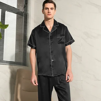 Birdsky, 1 комплект мужской пижамы, пижамный пижамный комплект, мужская пижама с коротким рукавом, пижамы 19 мм, 100% шелк тутового шелкопряда, однотонный, S-332