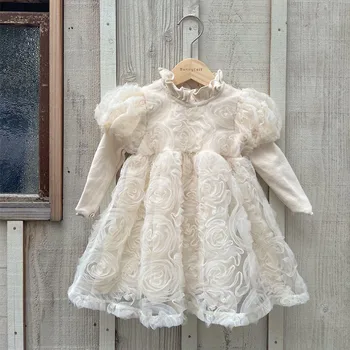 Платье с длинными рукавами для маленьких девочек, Белое платье для Крещения Новорожденных, Платье с цветочным узором для девочек, Одежда для маленьких девочек, Элегантное Кружевное платье Принцессы