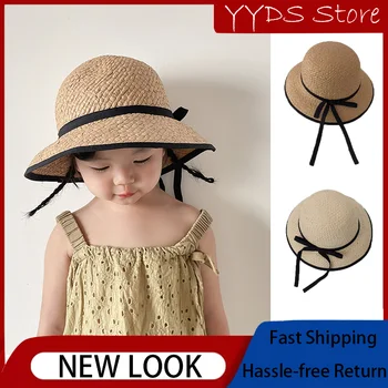 Детская солнцезащитная шляпа с большими полями для родителей и детей, летняя купольная соломенная шляпа из тонкой ленты, папирус, пляжная шляпа ручной работы с черным бантом