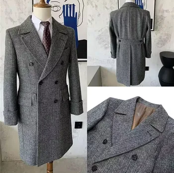 Классический твидовый полушерстяной блейзер, мужской костюм, пиджак, Сшитое на заказ двубортное длинное пальто больших размеров, одежда для жениха, пальто