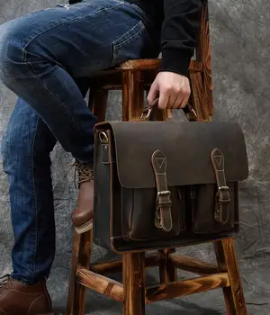 Винтажный мужской портфель Crazy Horse из натуральной кожи, мужская сумка для ноутбука, Большая сумка-мессенджер, деловой кейс