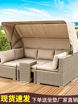 Креативный ротанговый диван-кровать для отдыха на природе, садовое кресло из ротанга под открытым небом, журнальный столик, мебель, ротанговый диван водонепроницаемый