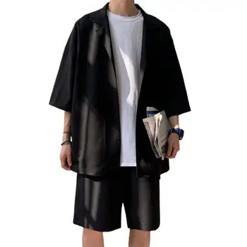 Мужской комплект в корейском стиле, Рубашки и шорты, Летняя уличная одежда, топ с коротким рукавом, подходящие по цвету брюки, Модная мужская одежда оверсайз