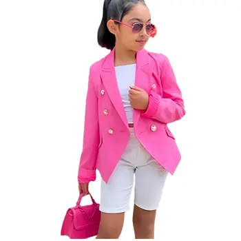 Весенние куртки-блейзеры для малышей 2023, однотонные розовые детские Классические двубортные Официальные блейзеры для девочек-подростков, Верхняя одежда