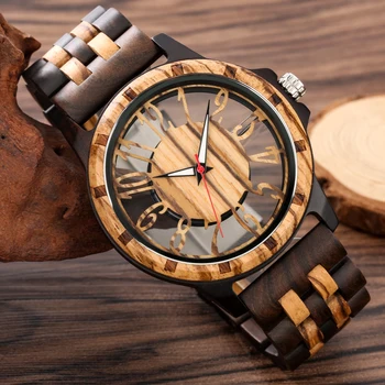 Креативные деревянные наручные часы со скелетным циферблатом для мужчин, Роскошные кварцевые часы из черного дерева, подарок для парня Relógio De Madeira