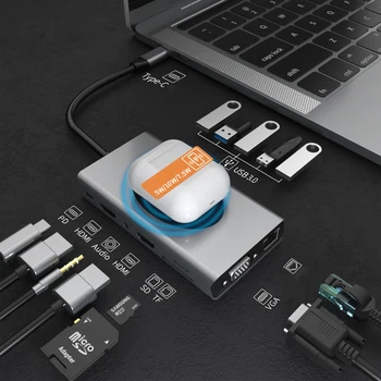 Док-станция 14 в 1 с USB-концентратором и беспроводной зарядкой, USB 3.0, устройство чтения карт SD TF, VGA 1080P, подходит для ноутбуков с Windows 10