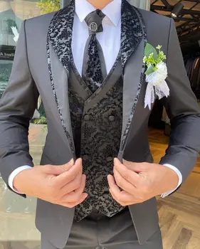 Мужские смокинги с черным рисунком, одежда жениха, свадебные брюки на одной пуговице, костюмы, деловой блейзер для выпускного вечера, пиджак, 3 предмета в комплекте