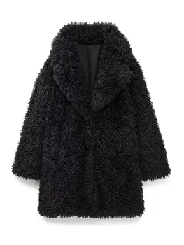 Женское флисовое пальто из искусственного меха, Однотонный кардиган с потайной застежкой, куртка Зима-осень, Модное женское черное утолщенное пальто