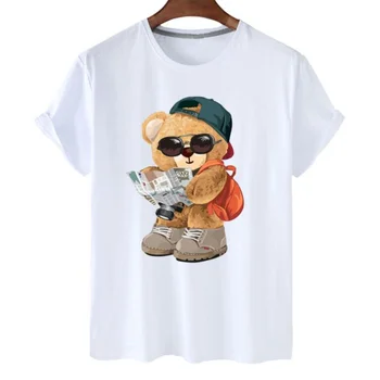 Весенне-летняя женская новинка, Женский топ с короткими рукавами и принтом озорного медведя, Леггинсы, Модная футболка для девочек, мальчиков и детей