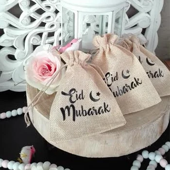Eid Mubarak Сумка на Шнурке Eid Подарочная сумка Ramadan Mubarak Favor Bag 10шт Счастливые Сумки Eid 10x14 см Тканевая Подарочная сумка