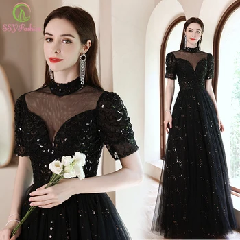 SSYFashion/ Новое банкетное Элегантное черное вечернее платье для женщин, Короткий рукав, Высокий вырез, Трапециевидное платье с пайетками, расшитое бисером, вечерние платья для вечеринок